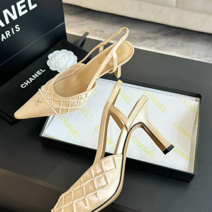 POINTED SLINGBACK MID HEELS BEIGE CREAM LAMBSKIN