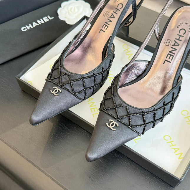 POINTED SLINGBACK MID HEELS BLACK LAMBSKIN