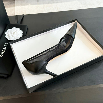 MESH LOGO HEELS IN BLACK LAMBSKIN