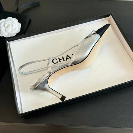 SLINGBACK WITH BOW IN SILVER MIX BLACK LAMBSKIN