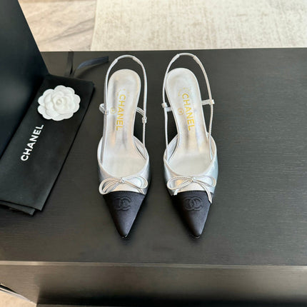 SLINGBACK WITH BOW IN SILVER MIX BLACK LAMBSKIN