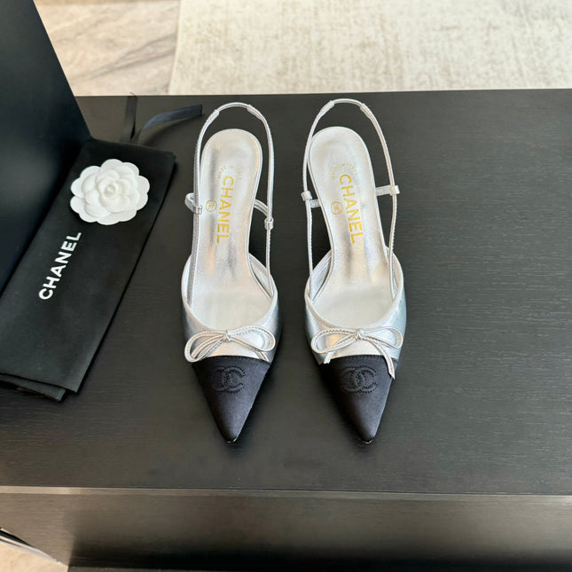 SLINGBACK WITH BOW IN SILVER MIX BLACK LAMBSKIN