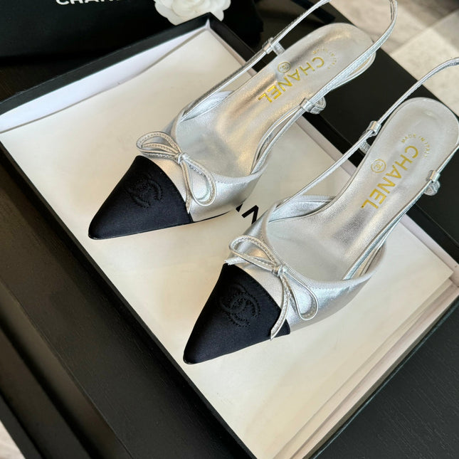 SLINGBACK WITH BOW IN SILVER MIX BLACK LAMBSKIN