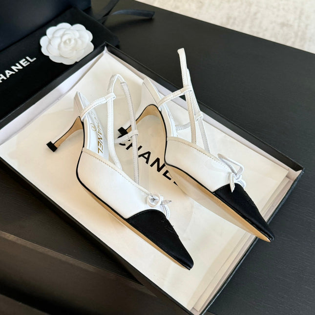SLINGBACK WITH BOW IN WHITE MIX BLACK LAMBSKIN