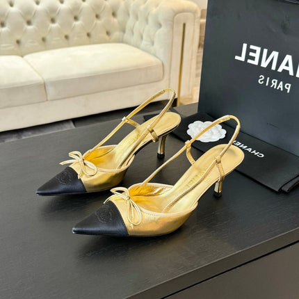 SLINGBACK WITH BOW IN GOLDEN MIX BLACK LAMBSKIN