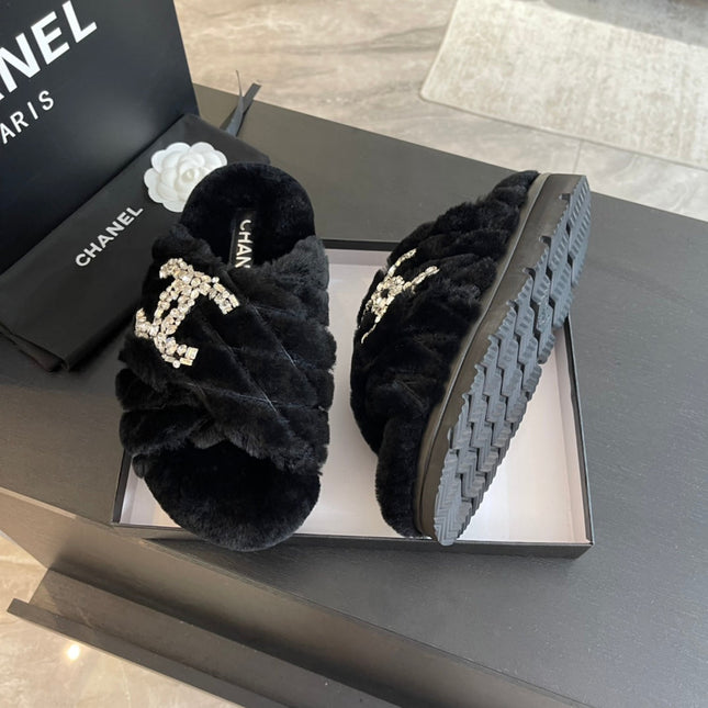 BLACK FUR CROSS SRAP SLIPPERS
