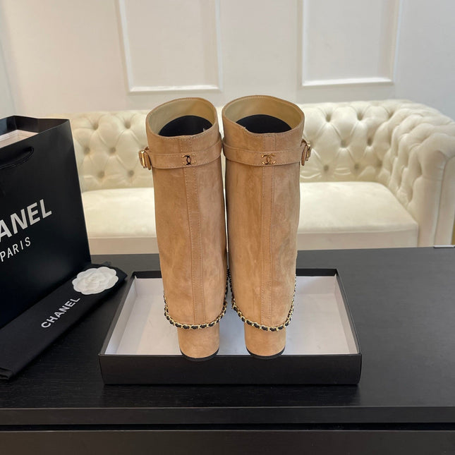 SHORT BOOTS 6.5 CM IN CIDER BROWN SUEDE AND BLACK CALFSKIN