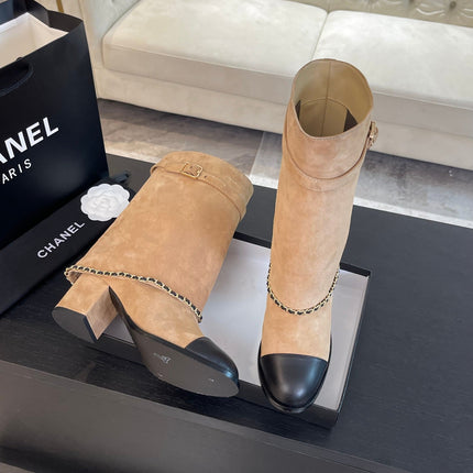 SHORT BOOTS 6.5 CM IN CIDER BROWN SUEDE AND BLACK CALFSKIN