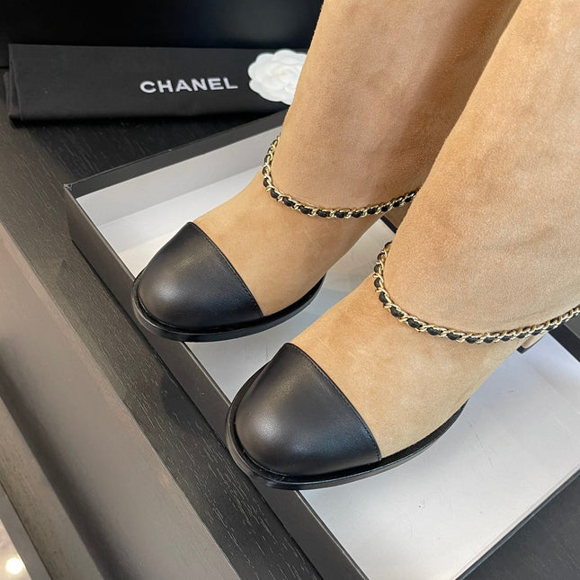 SHORT BOOTS 6.5 CM IN CIDER BROWN SUEDE AND BLACK CALFSKIN