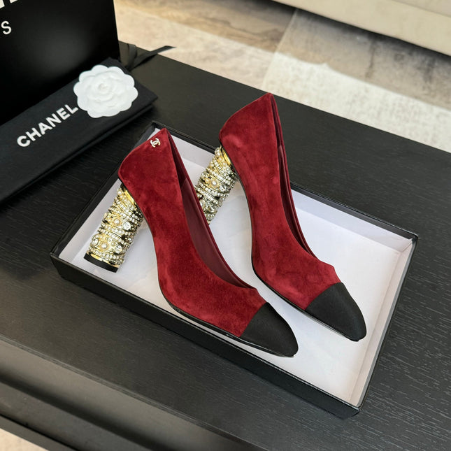 HIGH HEEL 85 MM SANDALS IN RUBY RED SUEDE AND BLACK FABRIC