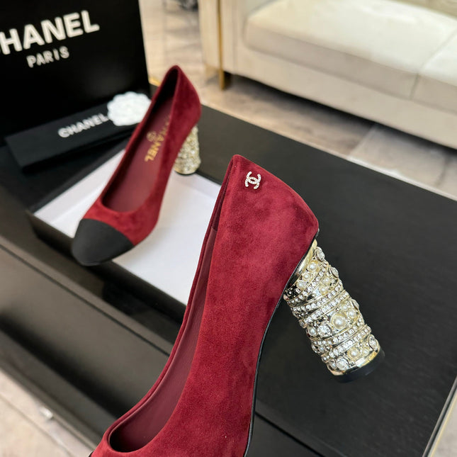 HIGH HEEL 85 MM SANDALS IN RUBY RED SUEDE AND BLACK FABRIC