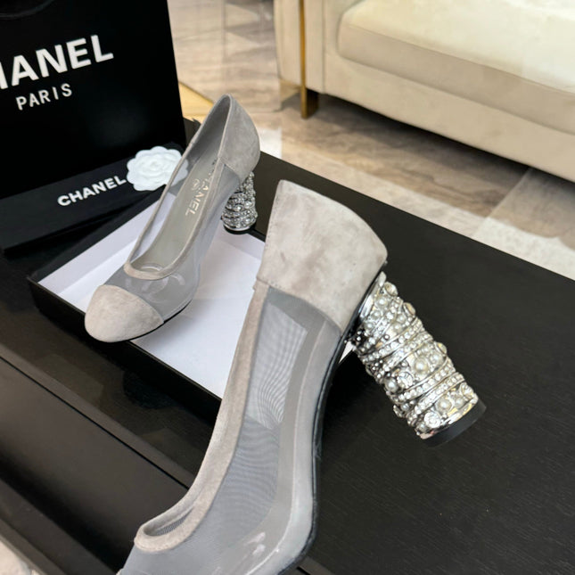 HIGH HEEL 85 MM SANDALS IN PALE GRAY SUEDE AND MESH