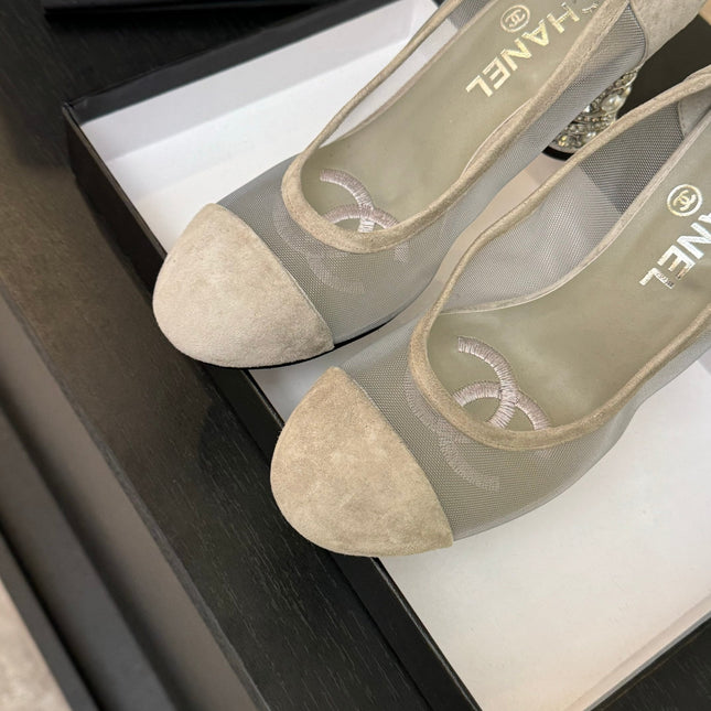 HIGH HEEL 85 MM SANDALS IN PALE GRAY SUEDE AND MESH