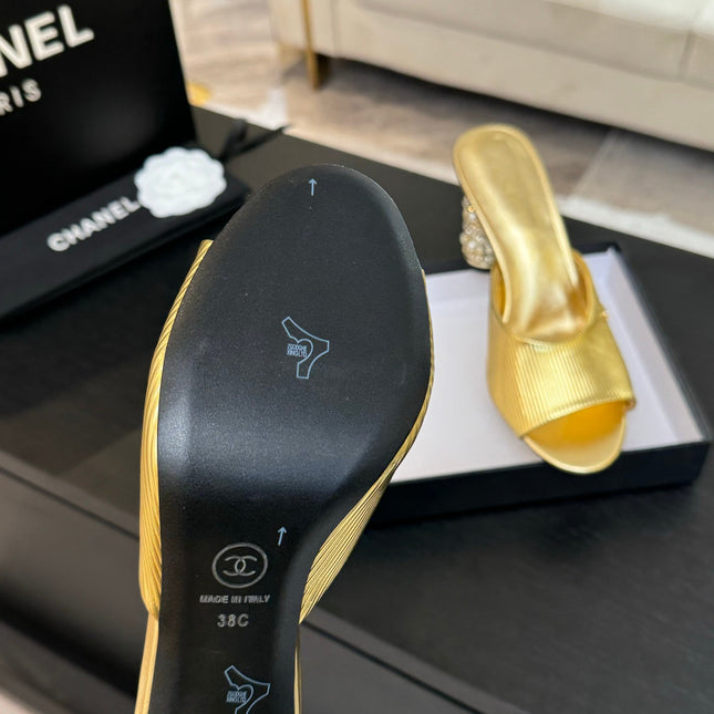 T-STRAP PEARL HEEL 85 MM SANDALS IN GOLD LAMBSKIN MULE