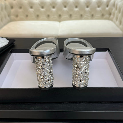 T-STRAP PEARL HEEL 85 MM SANDALS IN SILVER LAMBSKIN MULE