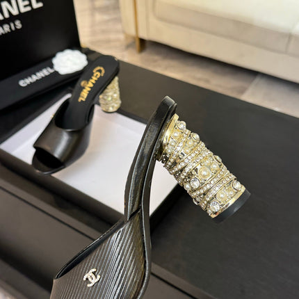 T-STRAP PEARL HEEL 85 MM SANDALS IN BLACK LAMBSKIN MULE