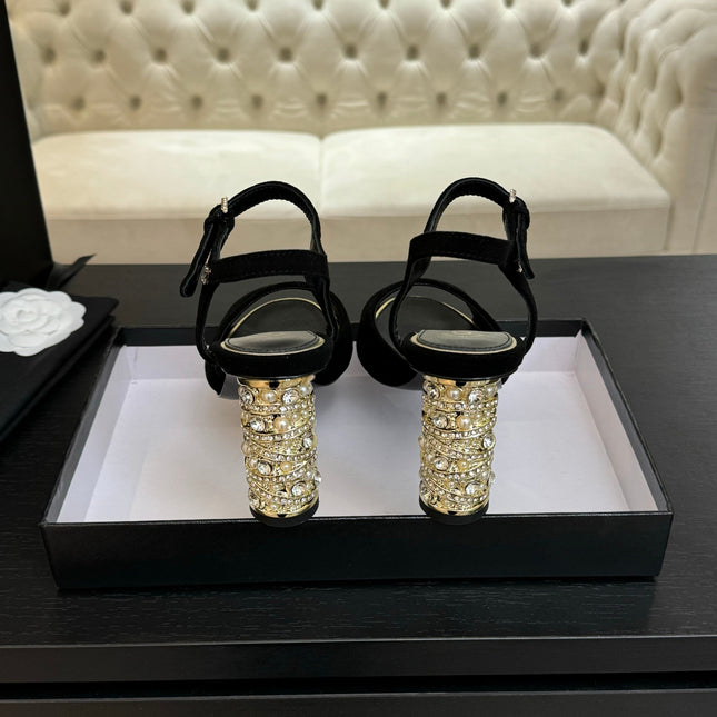T-STRAP PEARL HEEL 85 MM SANDALS IN BLACK SUEDE