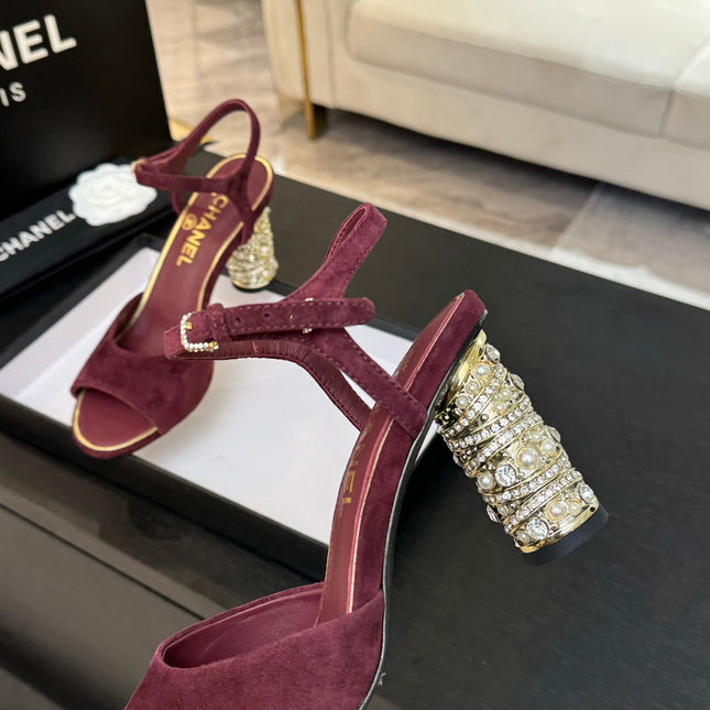 T-STRAP PEARL HEEL 85 MM SANDALS IN SANGRIA RED SUEDE