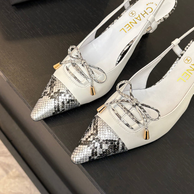 HIGH HEEL SLINGBACKS 65 MM IN WHITE WITH SNAKESKIN PATTERN LAMBSKIN