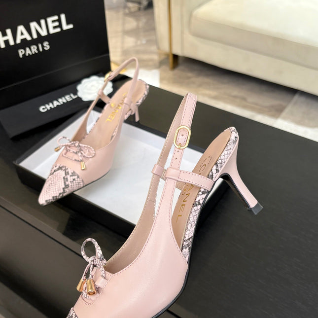 HIGH HEEL SLINGBACKS 65 MM IN BABY PINK WITH SNAKESKIN PATTERN LAMBSKIN