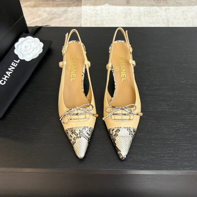 HIGH HEEL SLINGBACKS 65 MM IN FLAX YELLOW WITH SNAKESKIN PATTERN LAMBSKIN