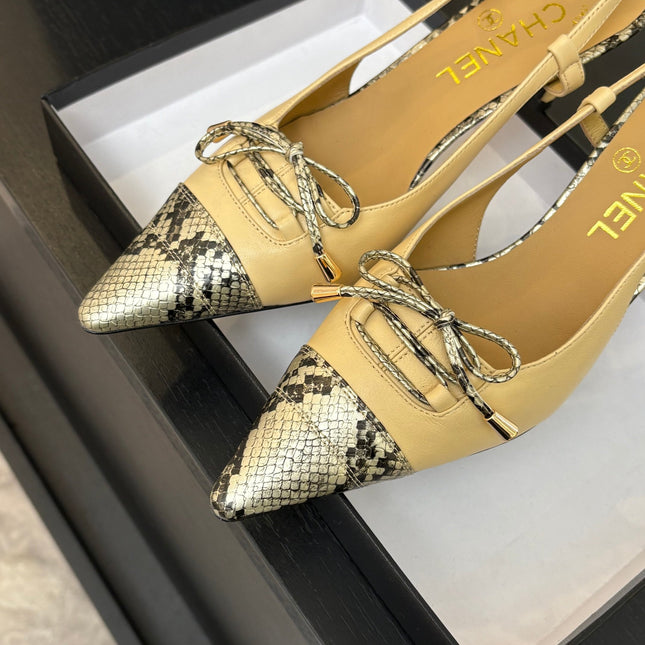 HIGH HEEL SLINGBACKS 65 MM IN FLAX YELLOW WITH SNAKESKIN PATTERN LAMBSKIN