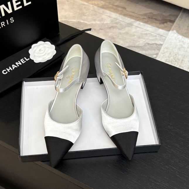 BLOCK HEEL SLINGBACKS IN SILVER MIX BLACK SILK FABRIC