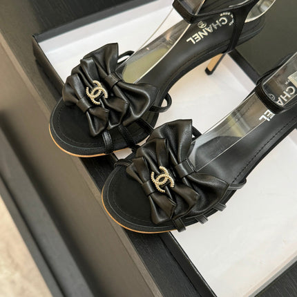 HIGH HEEL SANDAL WITH BOW IN BLACK LAMBSKIN