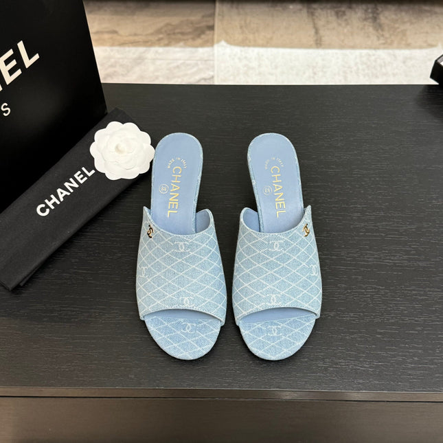PEEP TOE MULE 55MM IN SKY BLUE DENIM CHECKERED AND LOGO