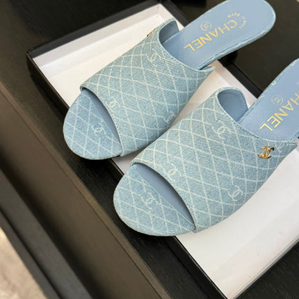 PEEP TOE MULE 55MM IN SKY BLUE DENIM CHECKERED AND LOGO