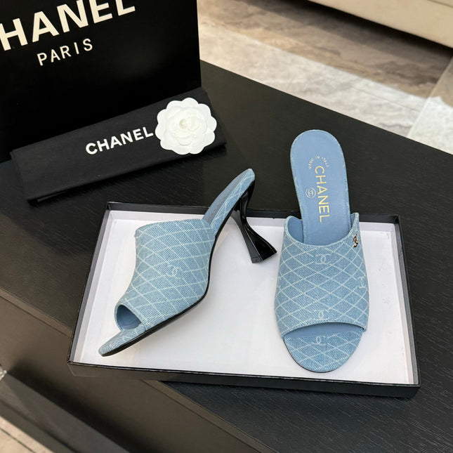 PEEP TOE MULE 85MM IN SKY BLUE DENIM CHECKERED AND LOGO