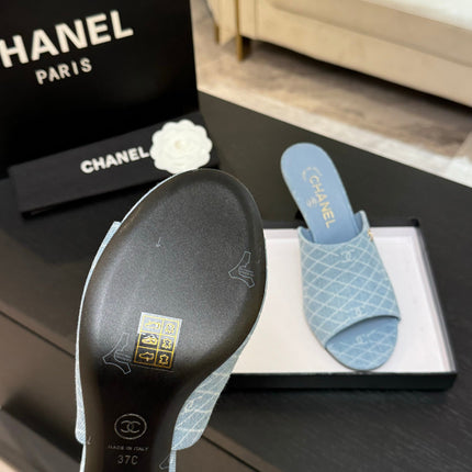 PEEP TOE MULE 85MM IN SKY BLUE DENIM CHECKERED AND LOGO