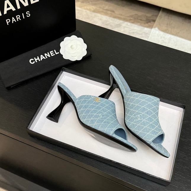 PEEP TOE MULE 85MM IN SKY BLUE DENIM CHECKERED AND LOGO