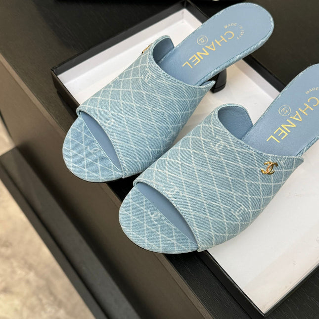 PEEP TOE MULE 85MM IN SKY BLUE DENIM CHECKERED AND LOGO