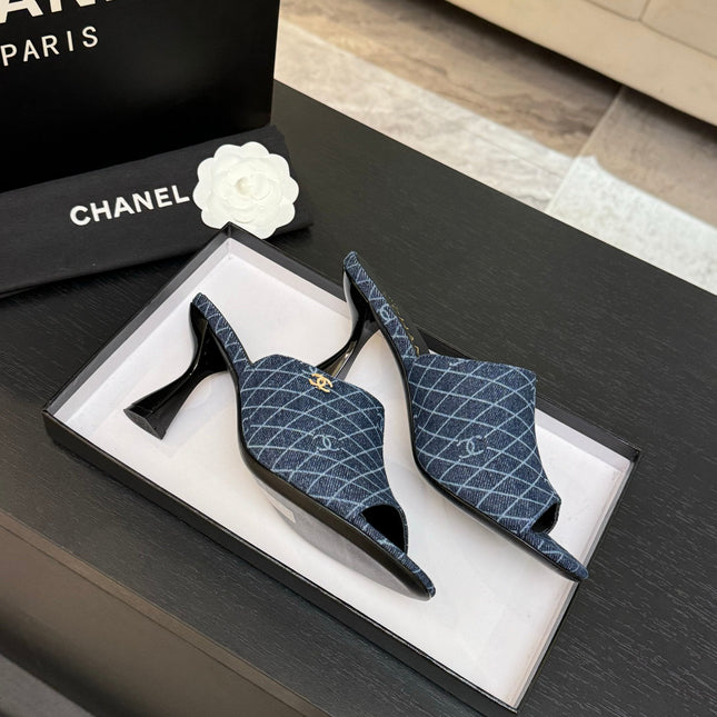 PEEP TOE MULE 85MM IN BLUE DENIM CHECKERED AND LOGO
