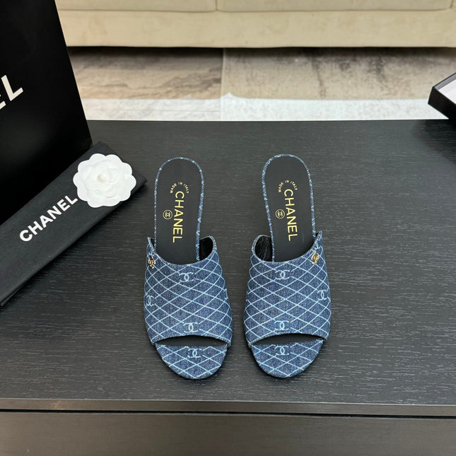 PEEP TOE MULE 85MM IN BLUE DENIM CHECKERED AND LOGO