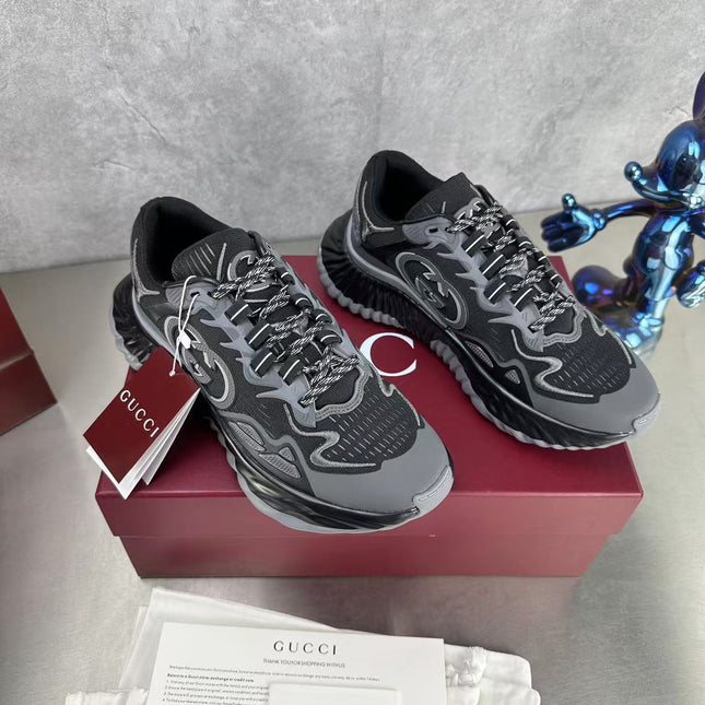 GG RIPPLE SNEAKER IN LIGHT GRAY MIX BLACK LAMBSKIN AND FABRIC