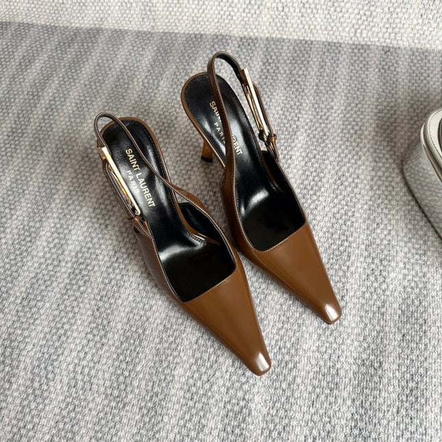 LEE SLINGBACK PUMPS 105 IN BROWN PATENT LEATHER GOLD HEEL