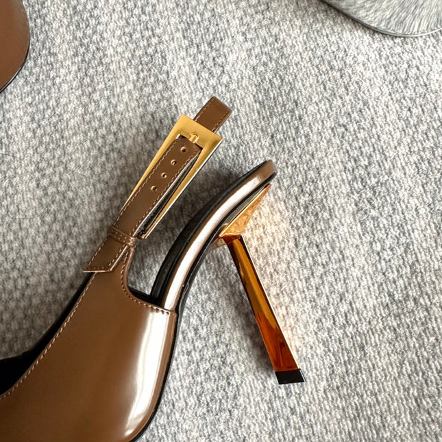 LEE SLINGBACK PUMPS 105 IN BROWN PATENT LEATHER GOLD HEEL
