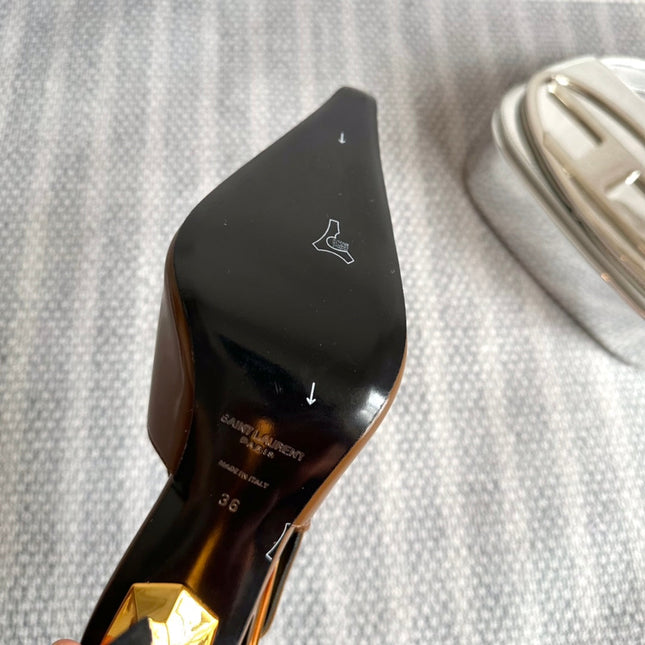 LEE SLINGBACK PUMPS 105 IN BROWN PATENT LEATHER GOLD HEEL