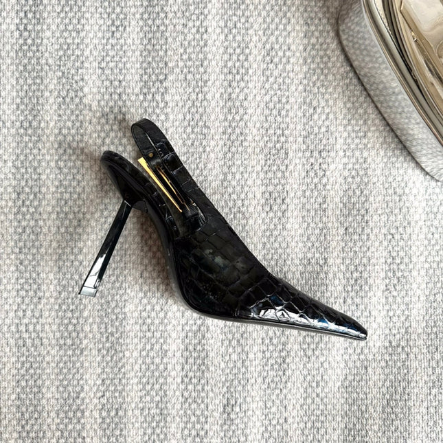 LEE SLINGBACK PUMPS 105 IN BLACK CROCODILE-EMBOSSED LEATHER