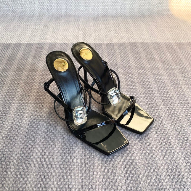HIGH MULES WITH GEM IN BLACK GLOSSY CALFSKIN