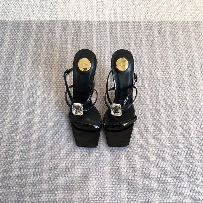 HIGH MULES WITH GEM IN BLACK GLOSSY CALFSKIN