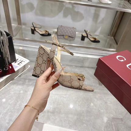 GG HEELED SANDALS 95MM IN DARK BEIGE CANVAS WITH GOLD HARDWARE