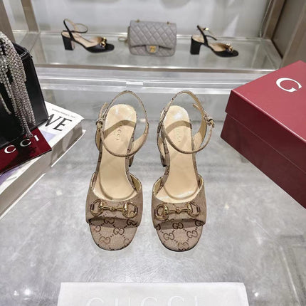 GG HEELED SANDALS 95MM IN DARK BEIGE CANVAS WITH GOLD HARDWARE