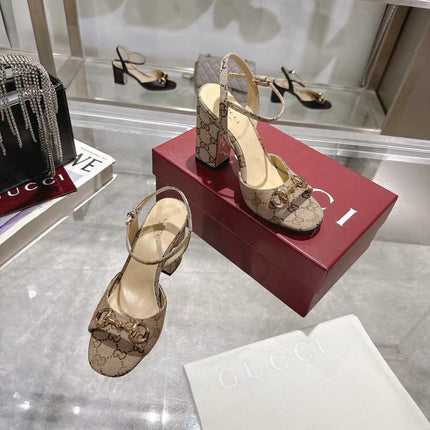 GG HEELED SANDALS 95MM IN DARK BEIGE CANVAS WITH GOLD HARDWARE