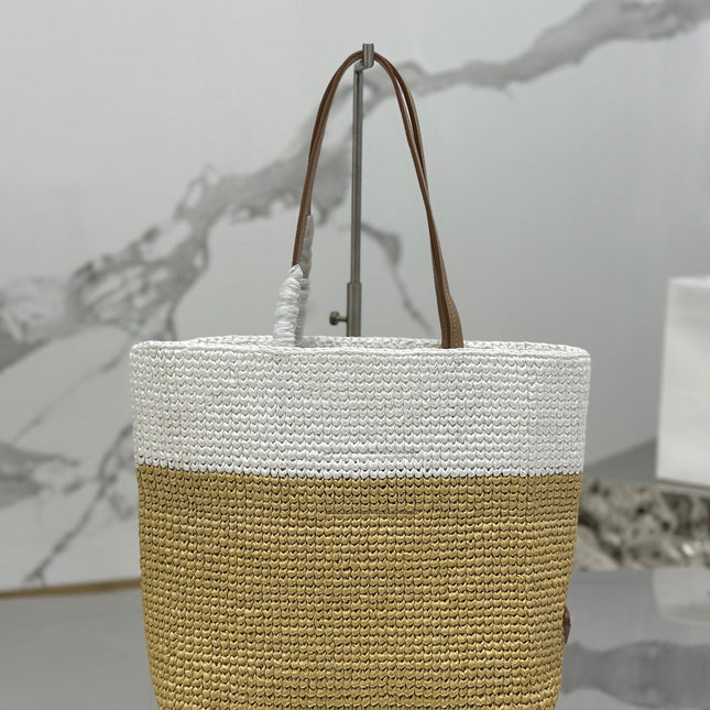SMALL TOTE BAG 27 IN WHITE MIX BEIGE RAFFIA AND BROWN CALFSKIN HANDLE