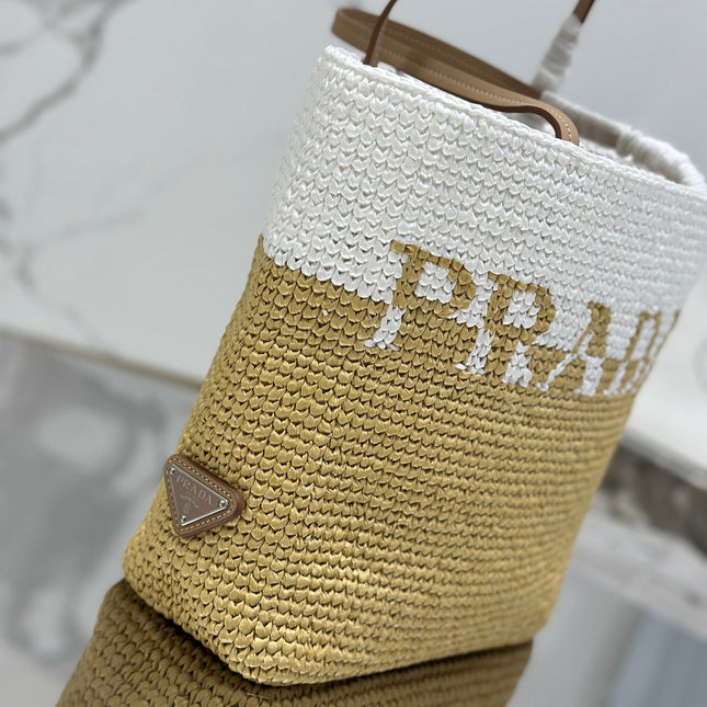 SMALL TOTE BAG 27 IN WHITE MIX BEIGE RAFFIA AND BROWN CALFSKIN HANDLE