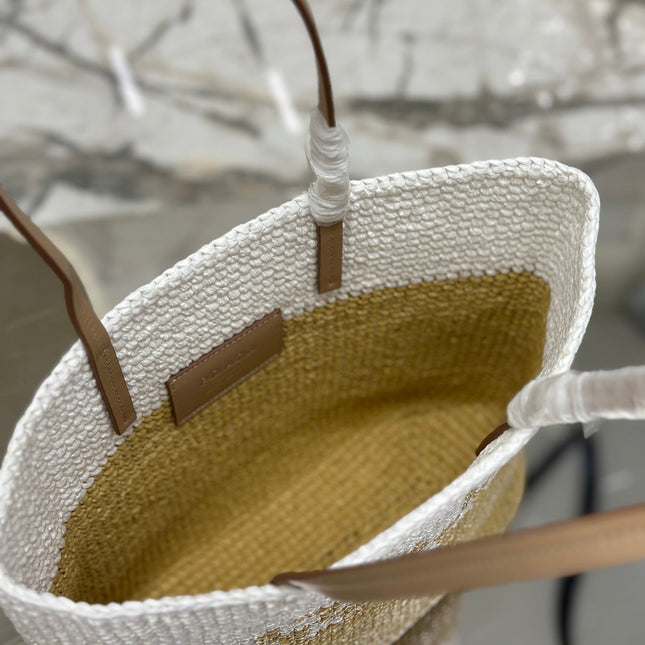 SMALL TOTE BAG 27 IN WHITE MIX BEIGE RAFFIA AND BROWN CALFSKIN HANDLE