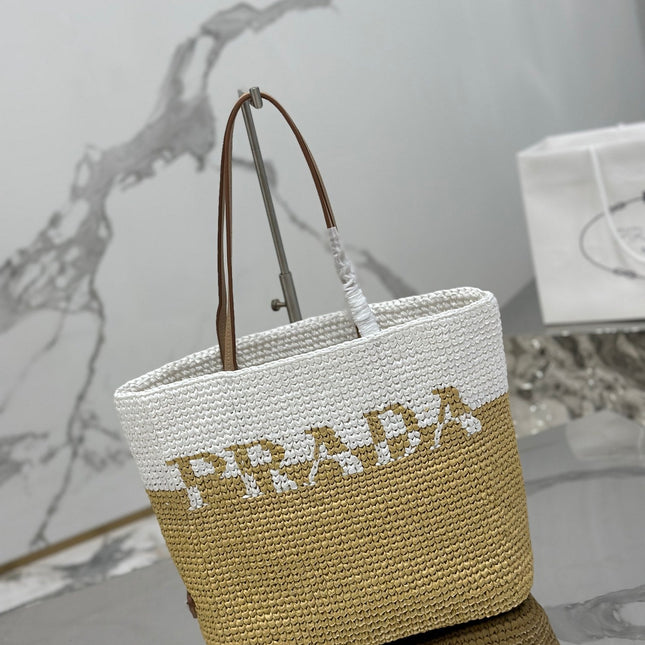SMALL TOTE BAG 27 IN WHITE MIX BEIGE RAFFIA AND BROWN CALFSKIN HANDLE